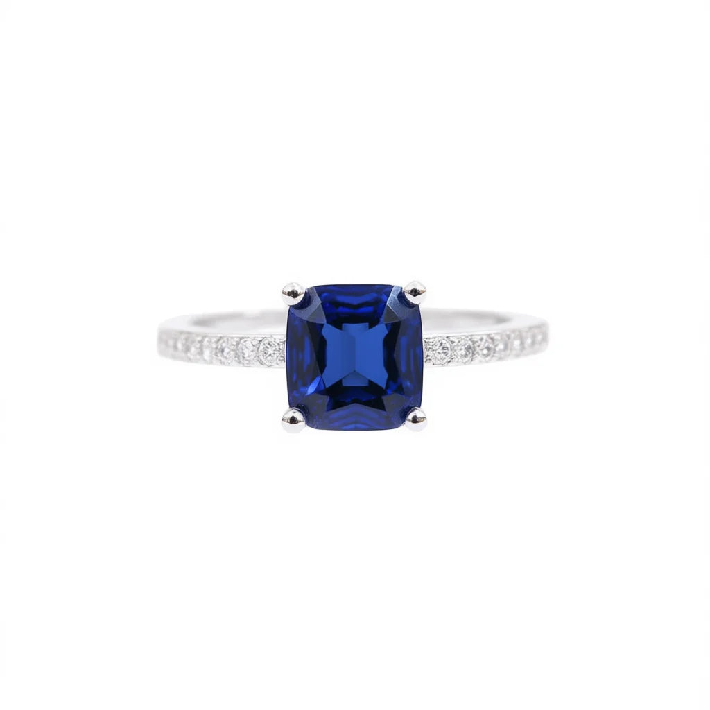 Modern Sapphire Blue Gemstone Engagement Ring Women Rectangular Cut Natural Stone Prong Setting Stainless Steel Band September
