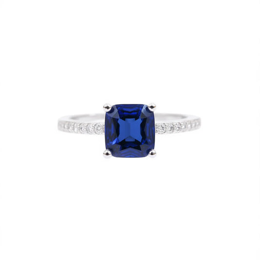 Modern Sapphire Blue Gemstone Engagement Ring Women Rectangular Cut Natural Stone Prong Setting Stainless Steel Band September