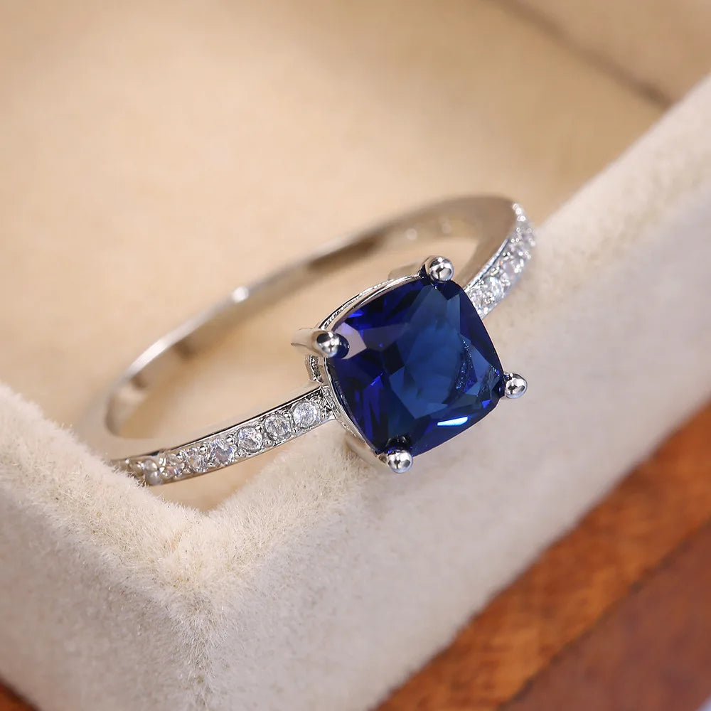 Modern Sapphire Blue Gemstone Engagement Ring Women Rectangular Cut Natural Stone Prong Setting Stainless Steel Band September