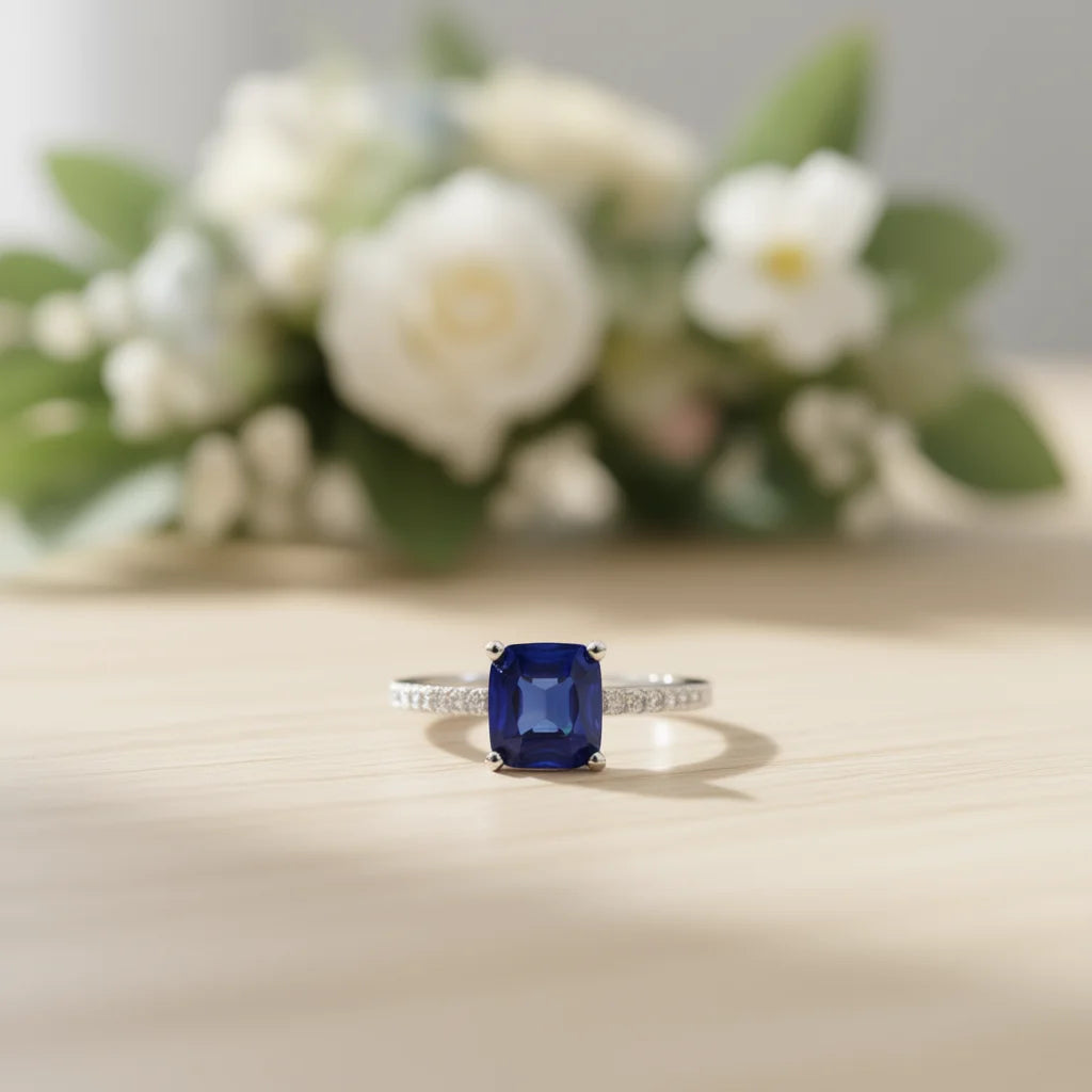 Modern Sapphire Blue Gemstone Engagement Ring Women Rectangular Cut Natural Stone Prong Setting Stainless Steel Band September